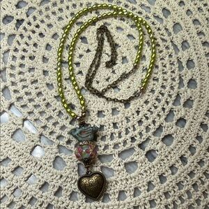 Charming Heart & glass bird Pendant & freshwater green pearl Necklace